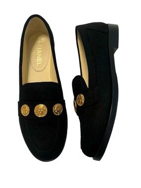 Chanel Black wool tweed with Gold coins Coco Chanel symbols moccasins flats 38.5